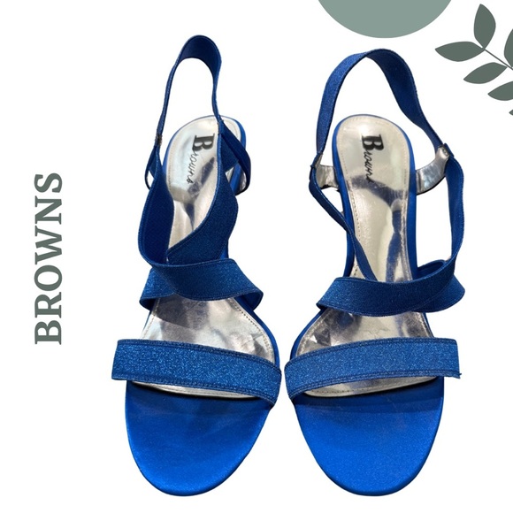 🛍️3/$40 BROWNS Blue Metallic Strappy Heels Elastic Glitter Straps – Size 8.5M - Picture 3 of 7